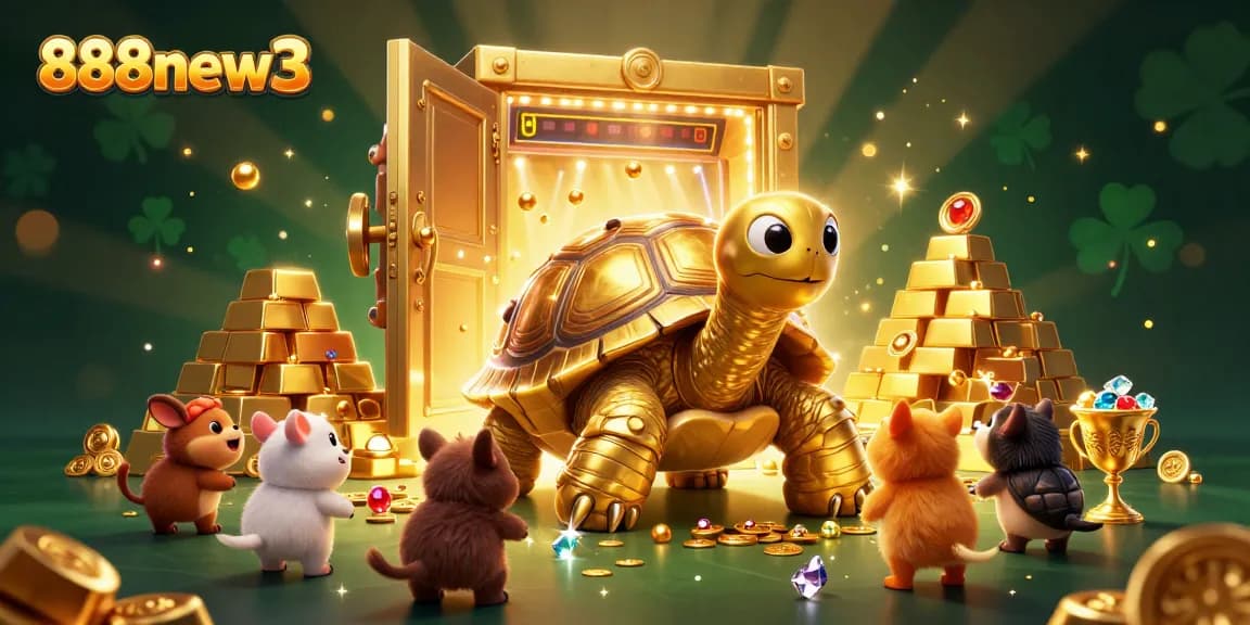 Experience the thrill of 888new3 with vibrant golden treasures and animated characters in an exciting casino scene.