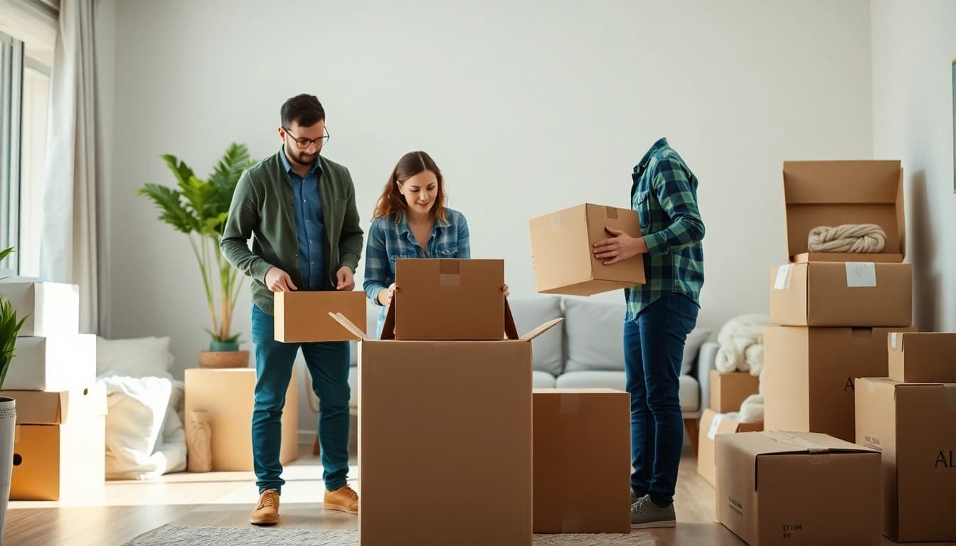 Professional Packing Services team efficiently packing boxes in a bright home, ensuring safety and care.
