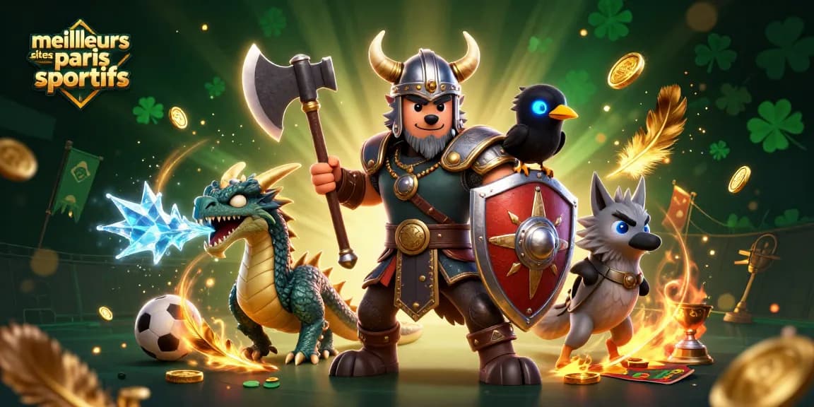 Découvrez les meilleurs sites de paris sportifs avec une illustration dynamique, mettant en avant un guerrier loup, un dragon, et des éléments de paris sportifs.