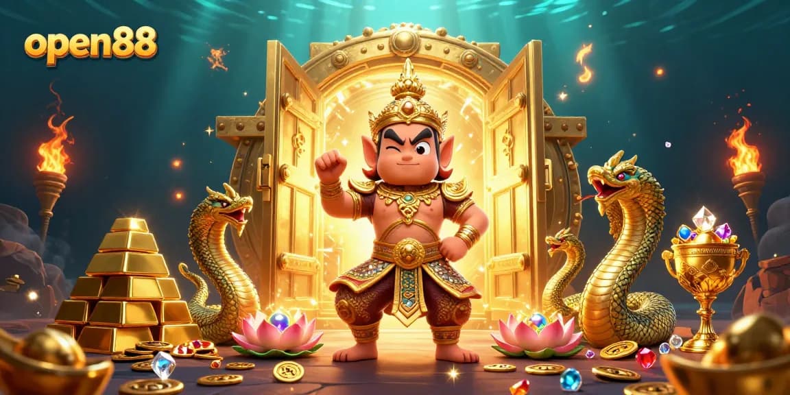 Experience excitement with open88 at a vibrant casino featuring a 3D yaksha guardian surrounded by treasures.