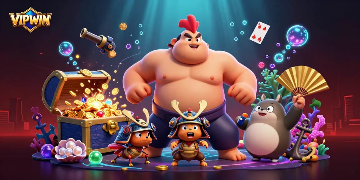 Experience excitement at VIPWIN with thrilling games, treasure, and cartoon characters in a vibrant illustration.