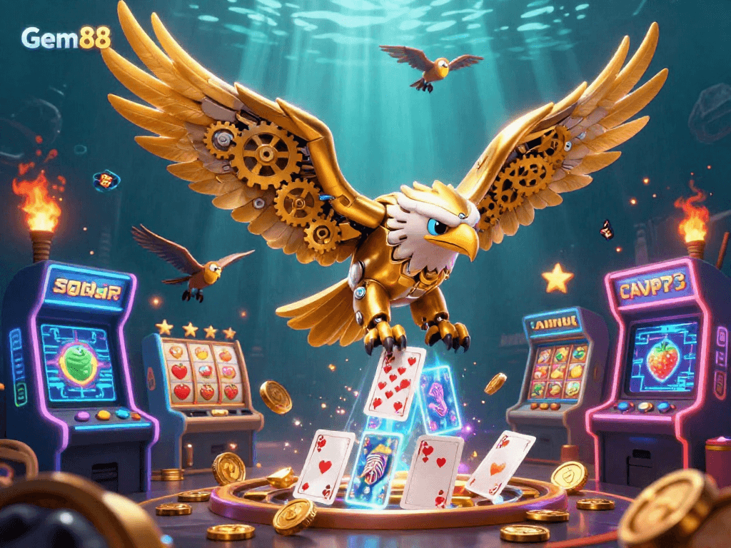 Engage with Gem88's thrilling casino experience, featuring a golden eagle and vibrant slot symbols.