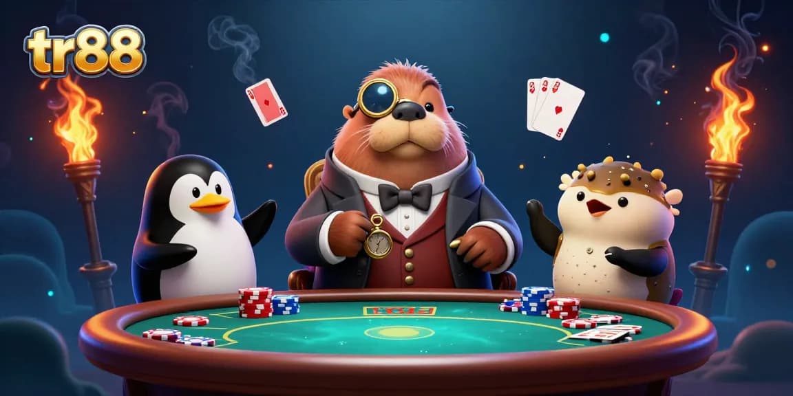 Experience dynamic poker action with the jolly walrus at tr88 poker table, featured in 3D illustration.