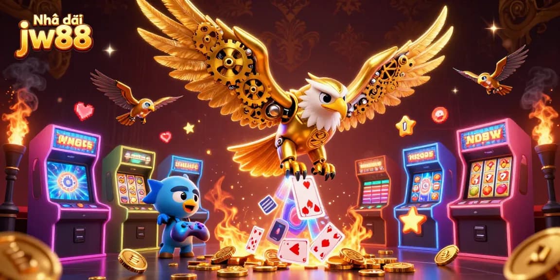Engage with the excitement of Nhà cái jw88, featuring a golden eagle amidst vibrant slot machines and dynamic gaming elements.