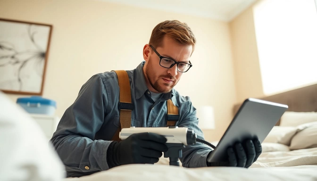 Technician performing effective bed bug removal inspection in a clean bedroom