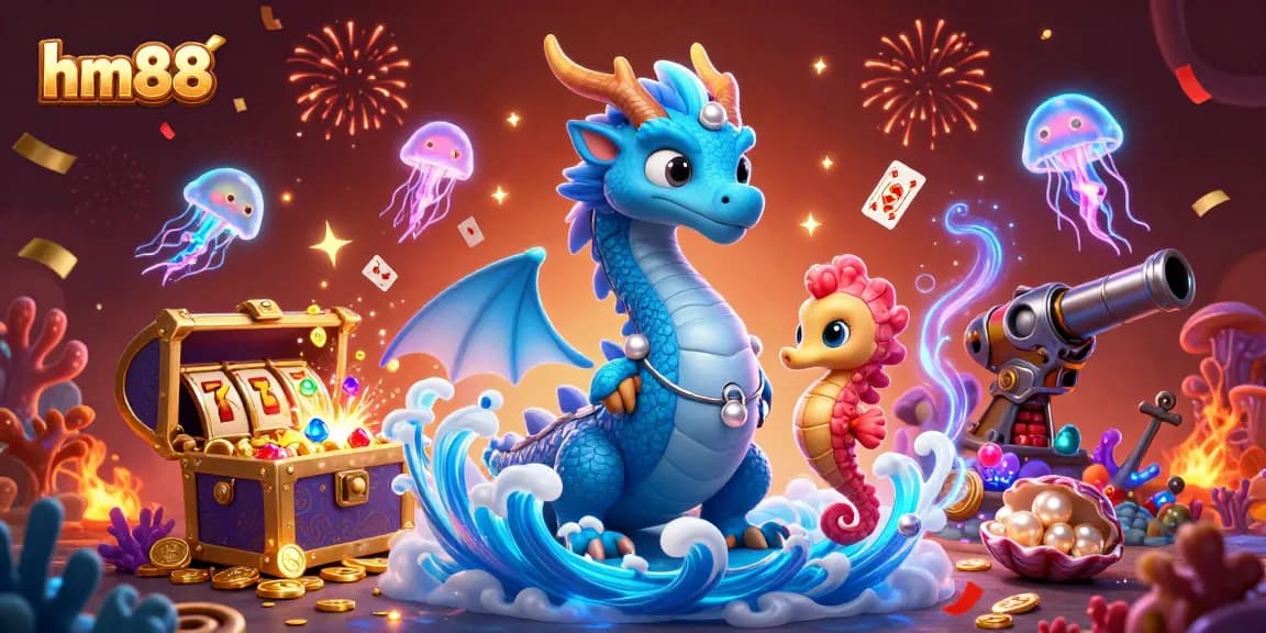 Win big with hm88 at this vibrant, action-packed underwater casino adventure illustration.