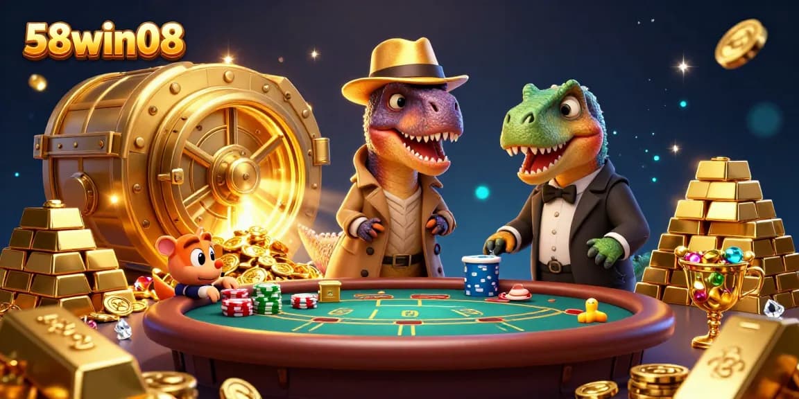 Experience big wins with 58win08 as a cartoon velociraptor counts cards in a lively casino scene.