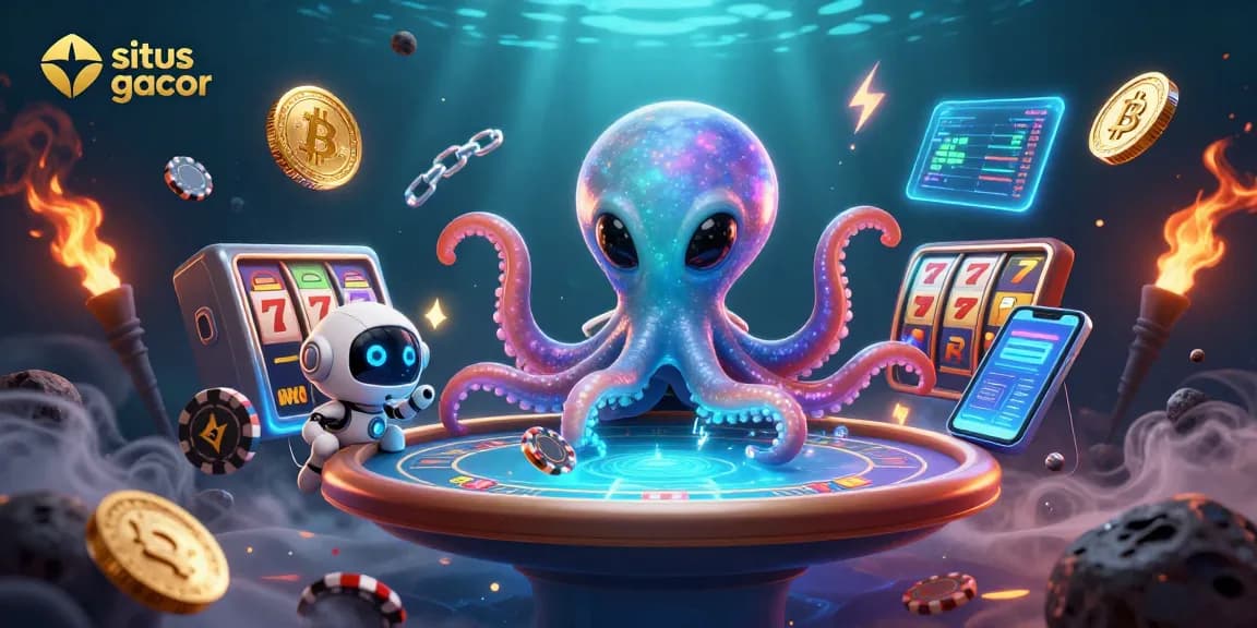Play on situs gacor with an engaging 3D casino scene featuring alien characters and slot elements.