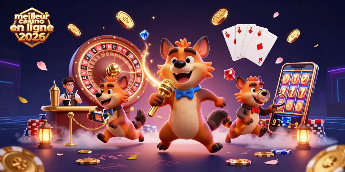 Vivre l'expérience du meilleur casino en ligne 2026 avec des hyènes animées dans une scène ludique.