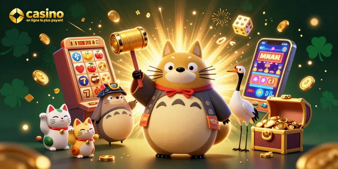 Les maneki-neko et un tanuki s'amusent dans un casino en ligne le plus payant, entourés de jackpots.