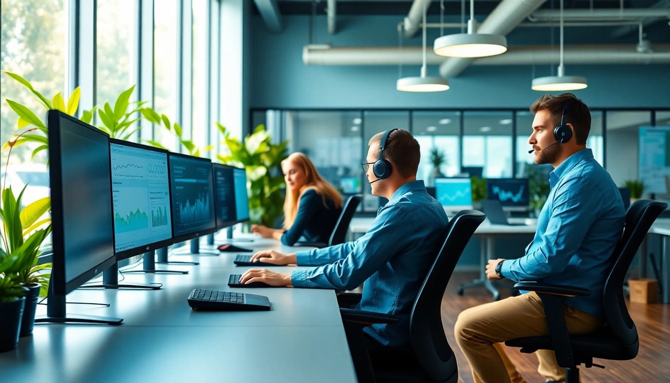 IT support businesses collaborating in a dynamic office space with multiple screens.