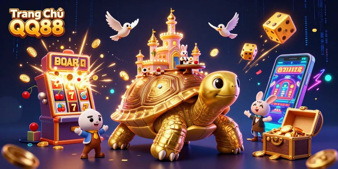Experience the excitement of Trang Chủ QQ88 with a vibrant, dynamic casino scene featuring a golden tortoise and rabbit dealer.