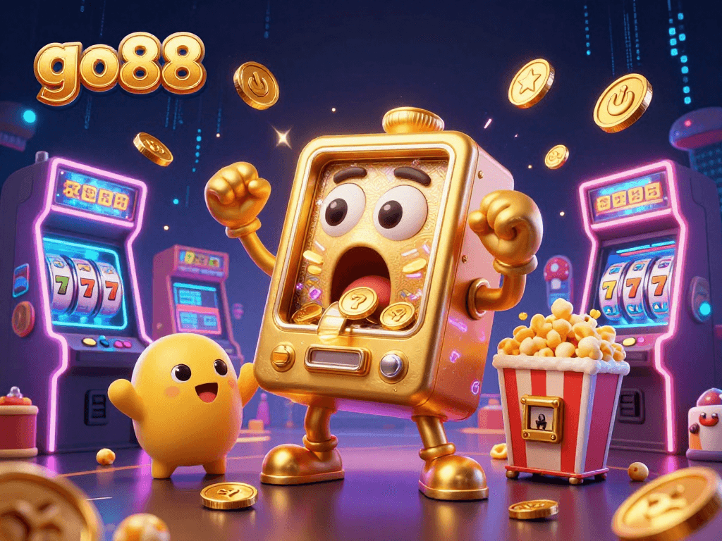 Experience the thrill of go88 with a golden slot machine celebrating a jackpot in vibrant casino chaos.