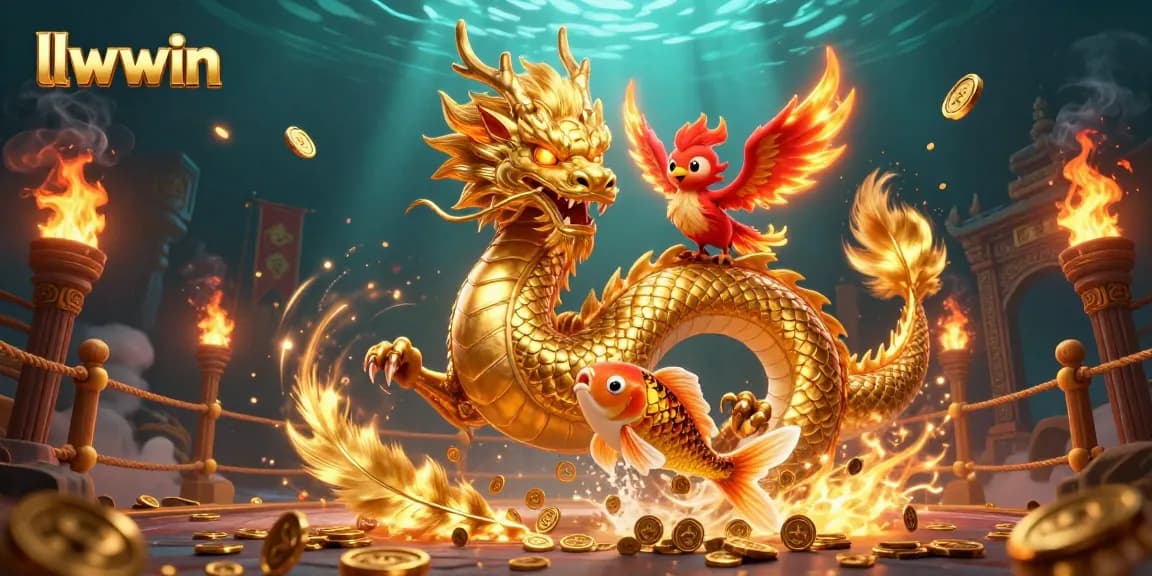 Engage with llwwin's dynamic gaming excitement featuring a golden dragon, phoenix, and koi fish.