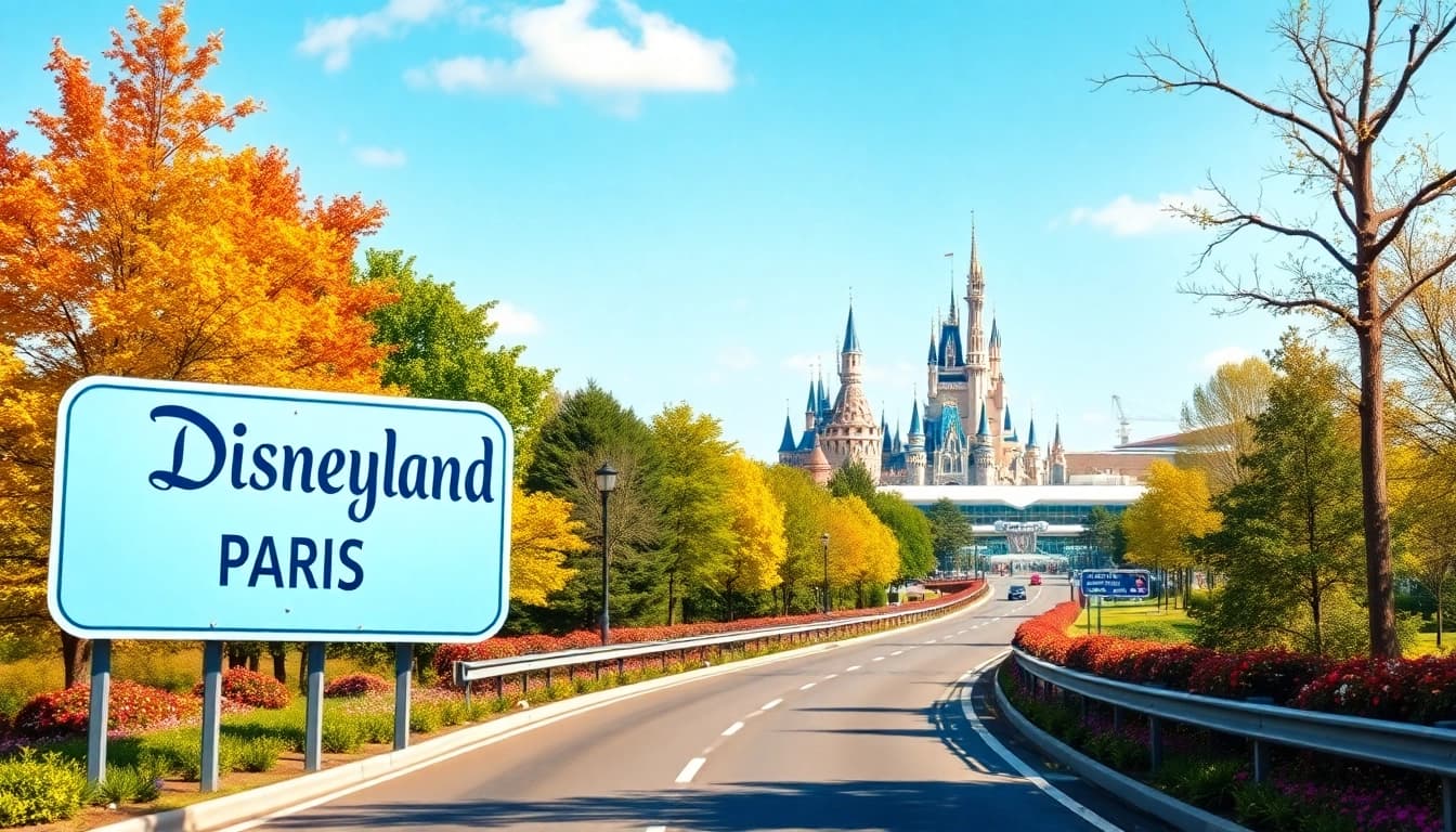 Travel route from Disneyland Paris to airport showing a vibrant road sign and surrounding scenery.