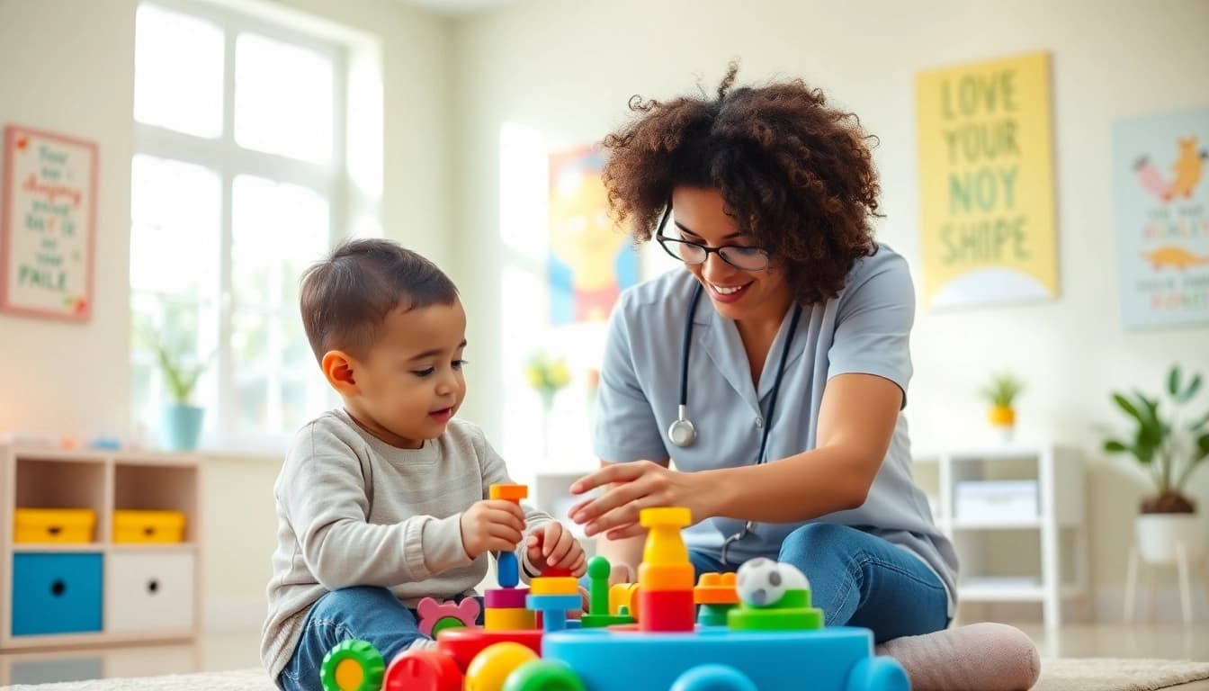 Engaging ABA therapy in Novi with a child and therapist in a colorful, bright environment.