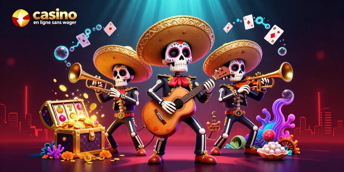 Jouez à des machines à sous et explorez le casino en ligne sans wager, avec une animation vibrante de mariachi.