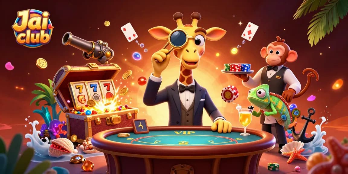 Experience thrilling gaming at Jai club with a high-roller giraffe at a poker table, surrounded by exciting slot game elements.