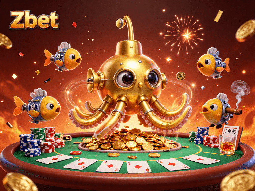 Zbet offers an exciting underwater experience with a golden kraken amid poker action and festive elements.