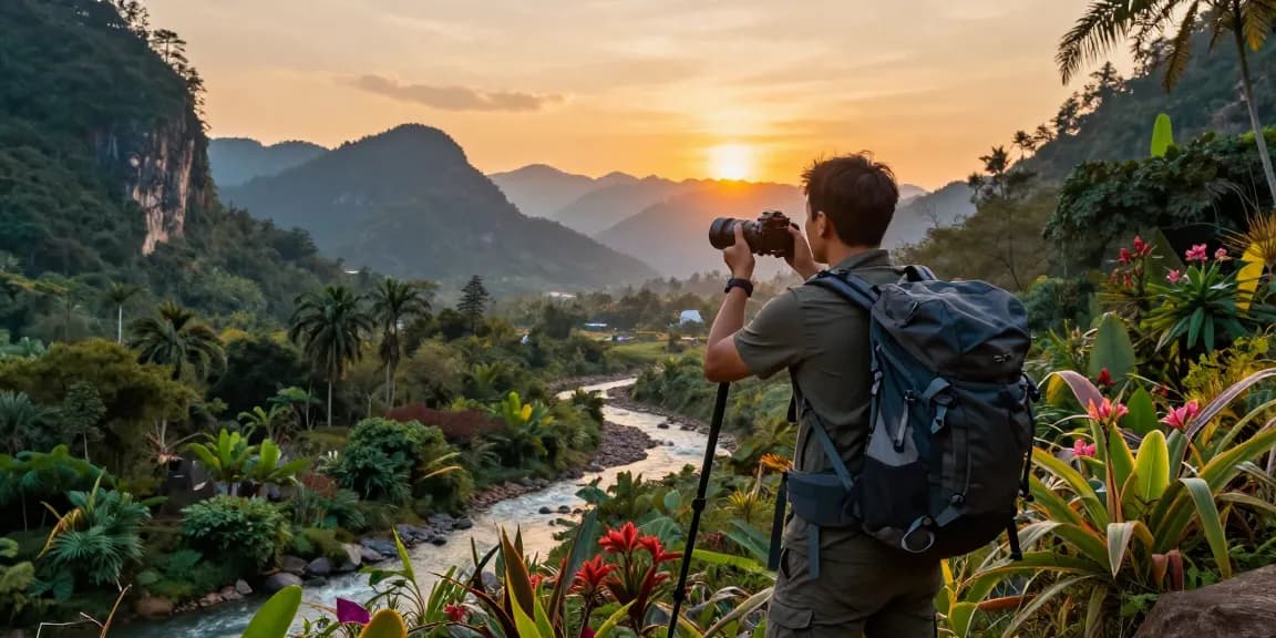Adventure seeker enjoying breathtaking views with thatmountainlife.com at sunset in Asian landscapes