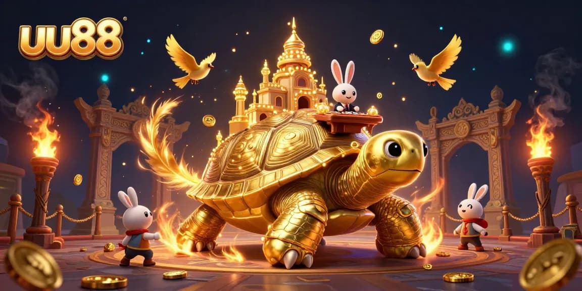 Experience thrilling gameplay at uu88 with a giant tortoise casino, rabbit dealer, and golden coins flying.