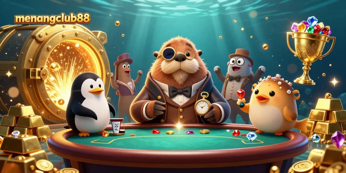 Engage with the vibrant world of menangclub88 at a lively underwater poker game featuring charming 3D characters.