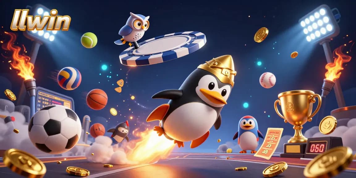 llwin offers thrilling casino experiences with a vibrant illustration of a penguin heading towards a gambling space station.