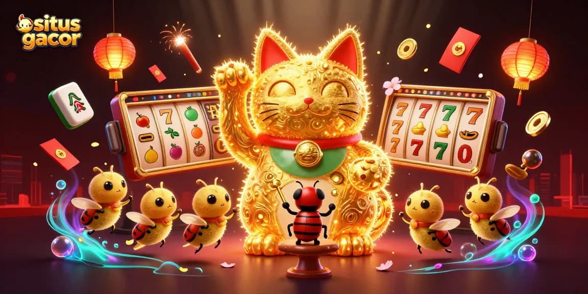 Experience situs gacor with a charming lucky cat surrounded by rich casino symbols.