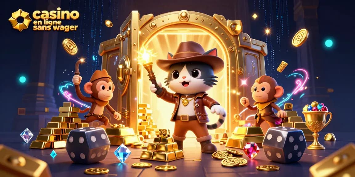 Cette illustration de casino en ligne sans wager présente des personnages captivants et des trésors scintillants.