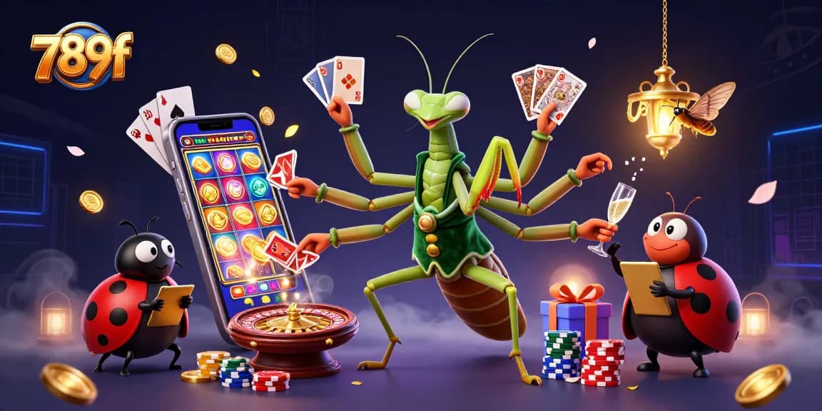Engage with 789f as a giant mantis card sharp deals cards while a ladybug pit boss oversees a lively casino scene.