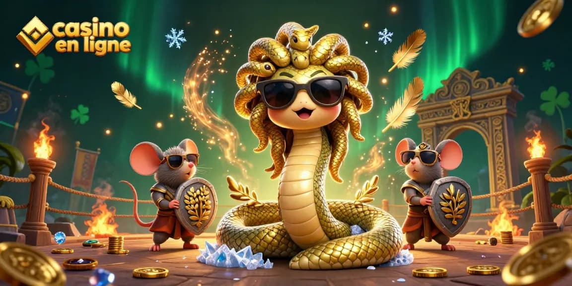 Profitez des jeux de casino en ligne avec Medusa et un guerrier souris dans une scène dynamique.