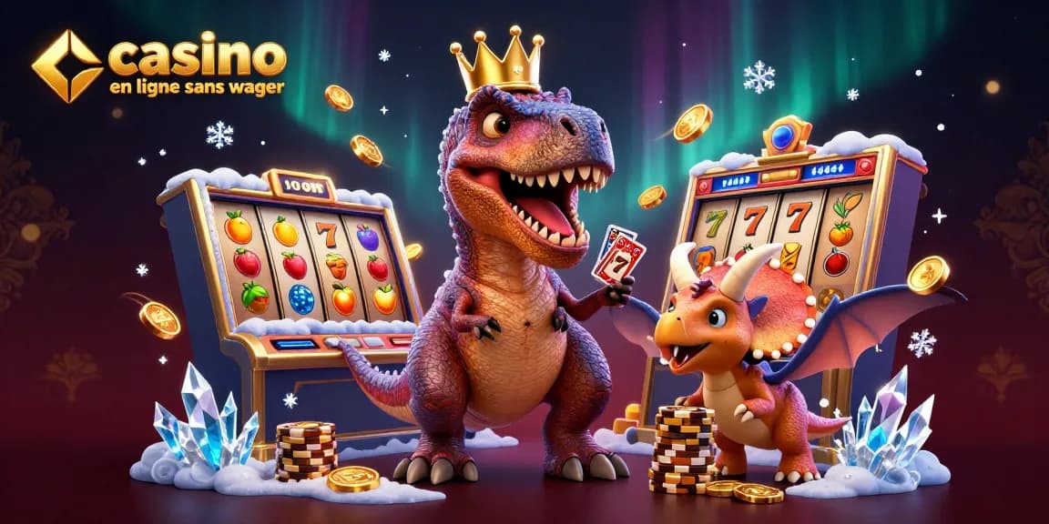 Jouez au casino en ligne sans wager avec un T-Rex royal, des cartes et des jetons en or.