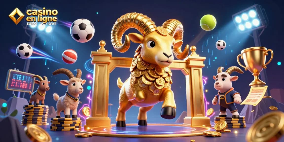 Gagnez avec le casino en ligne sans wager grâce à une illustration dynamique d'un bélier doré et des éléments sportifs.