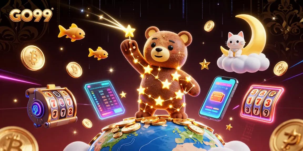 Engage with GO99's vibrant 3D casino scene featuring cartoon constellation bear, coins, and gaming elements.