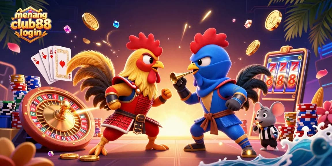 Experience the excitement of menangclub88 login with dynamic casino elements and an epic rooster showdown.