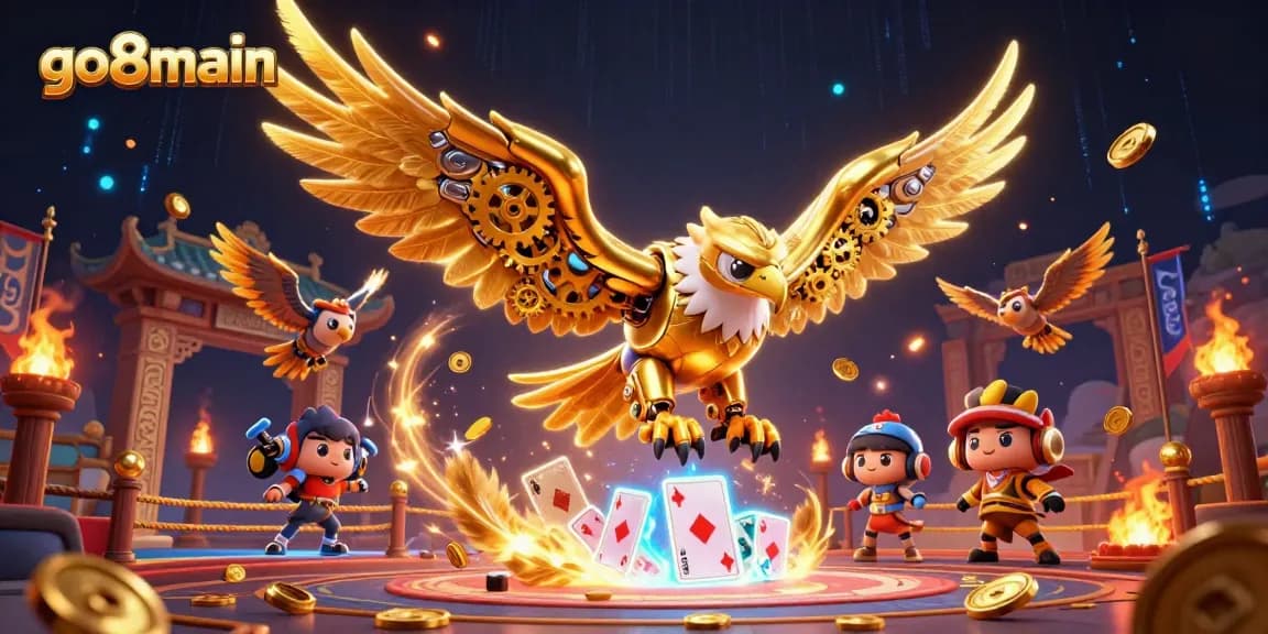 Experience thrilling action at go8main with a diving cybernetic eagle amidst holographic cards and casino elements.