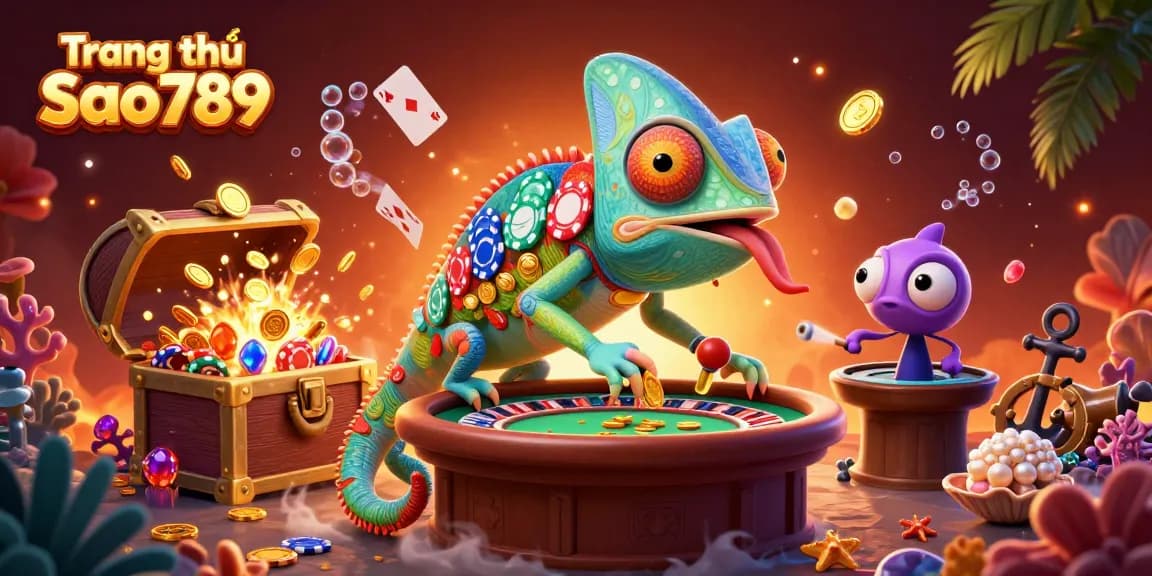 Experience the vibrant energy of Trang chủ Sao789 as the chameleon casino owner captures golden coins amidst an underwater treasure.