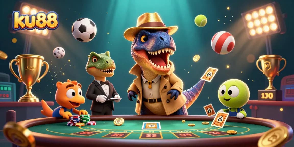 ku88 showcases an animated velociraptor card counter and friends at a blackjack table amidst sports action.