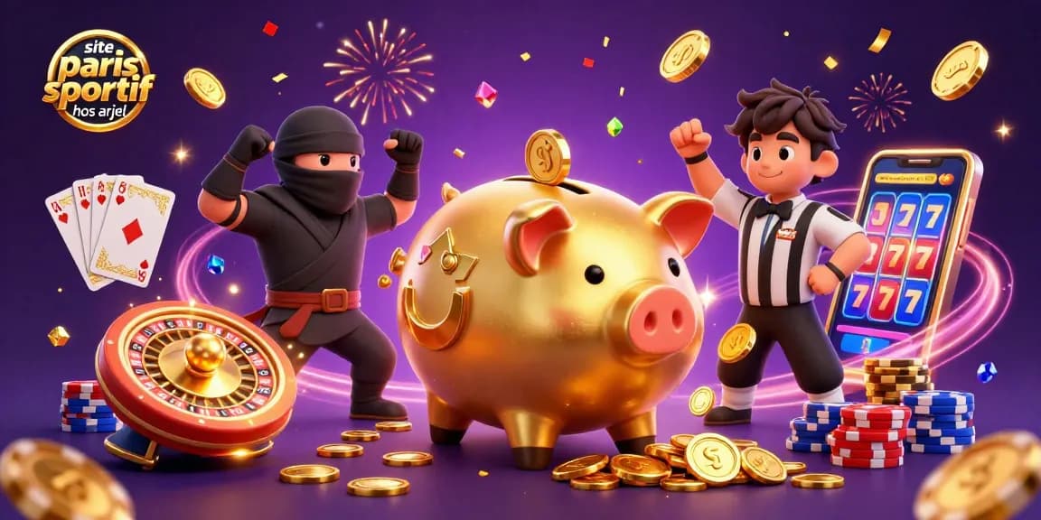 Plongez dans l'univers du site paris sportif hors arjel avec un sumo tirelire dorée et un ninja combattant.
