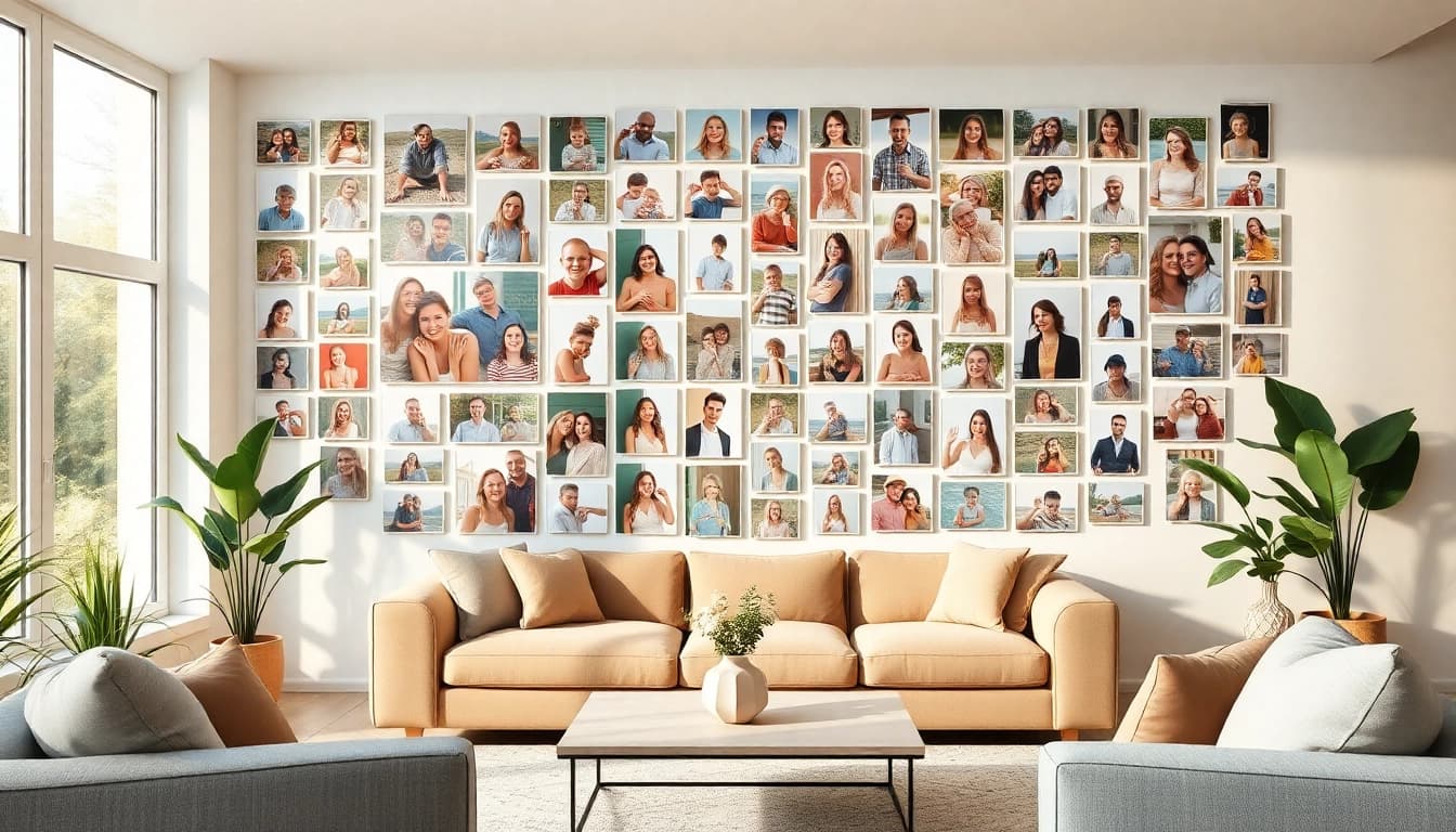 Create a stunning photo wall showcasing memorable moments beautifully arranged.