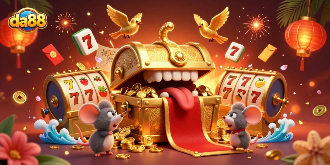 Engage with da88 at an exciting casino scene featuring a treasure chest and slot reels.