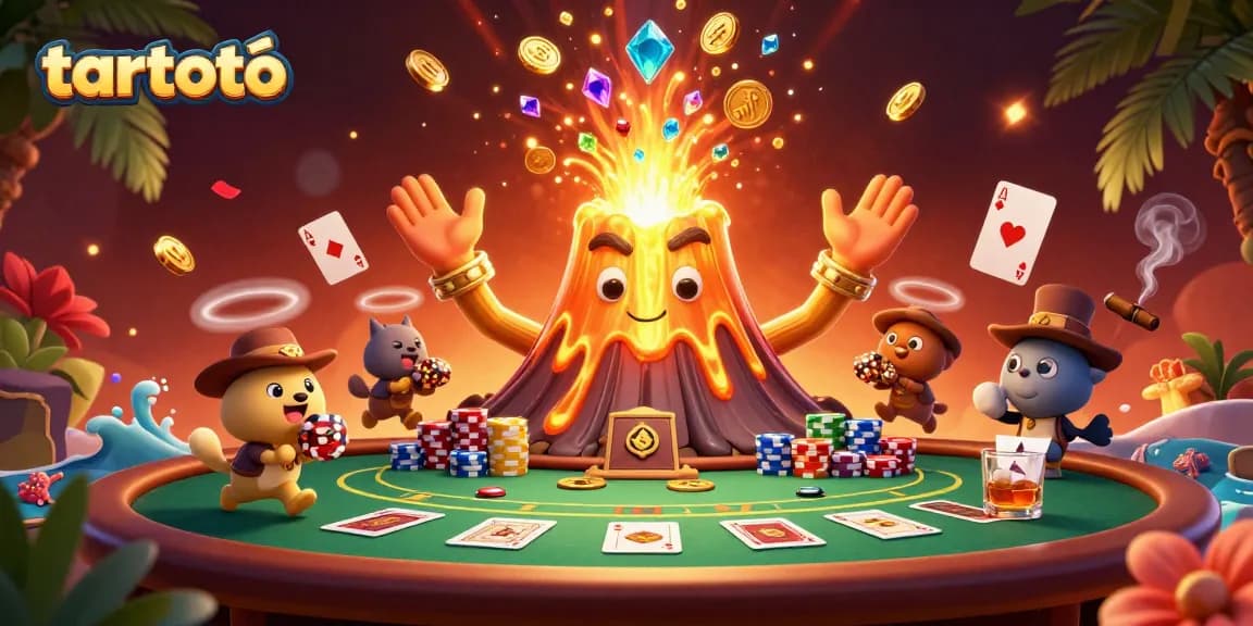 Experience thrilling wins on tartoto as the golden volcano erupts coins amidst an adventurous casino scene.
