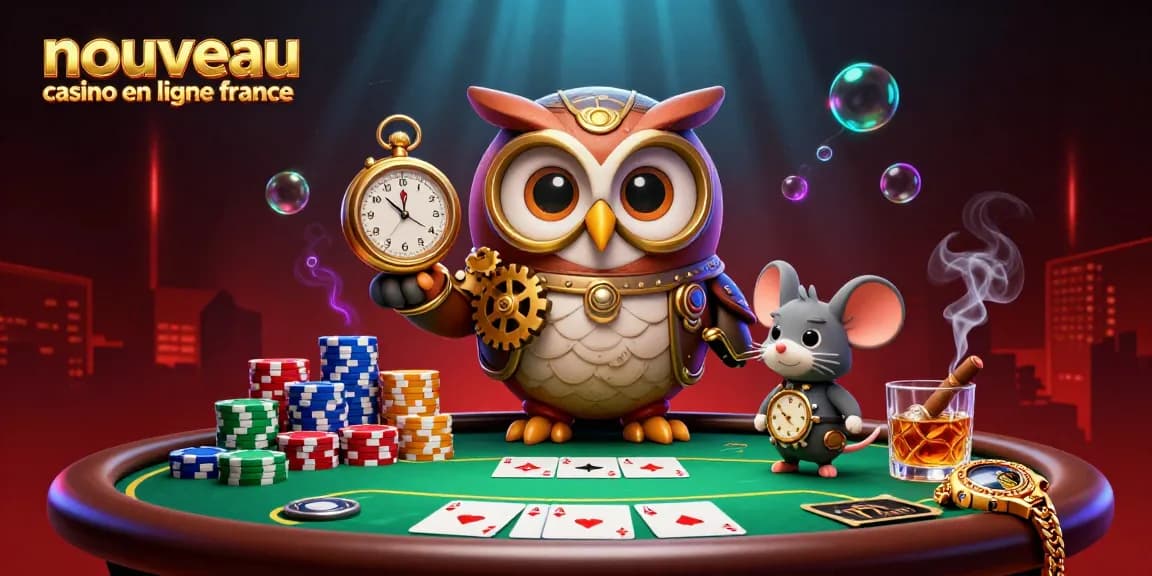 Illustration dynamique de nouveau casino en ligne France avec un hibou voyageur du temps et une souris, entourés de jetons de poker.