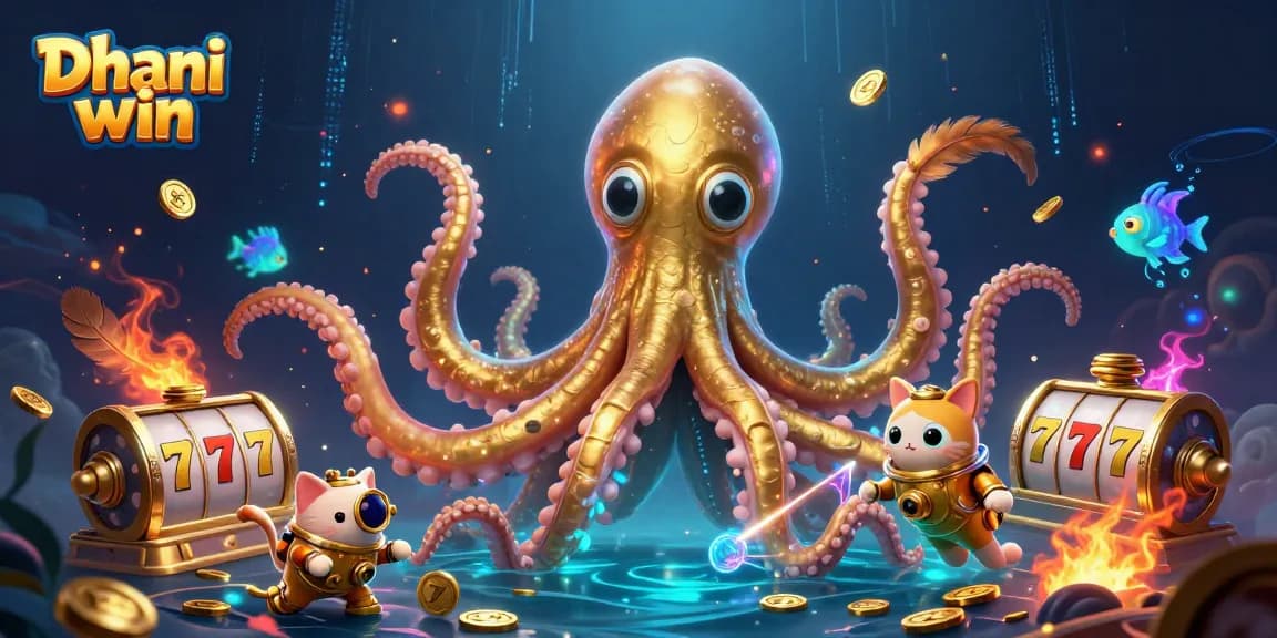 Dive into the excitement of Dhani win with a kraken and vintage diver in a vibrant casino treasure scene.