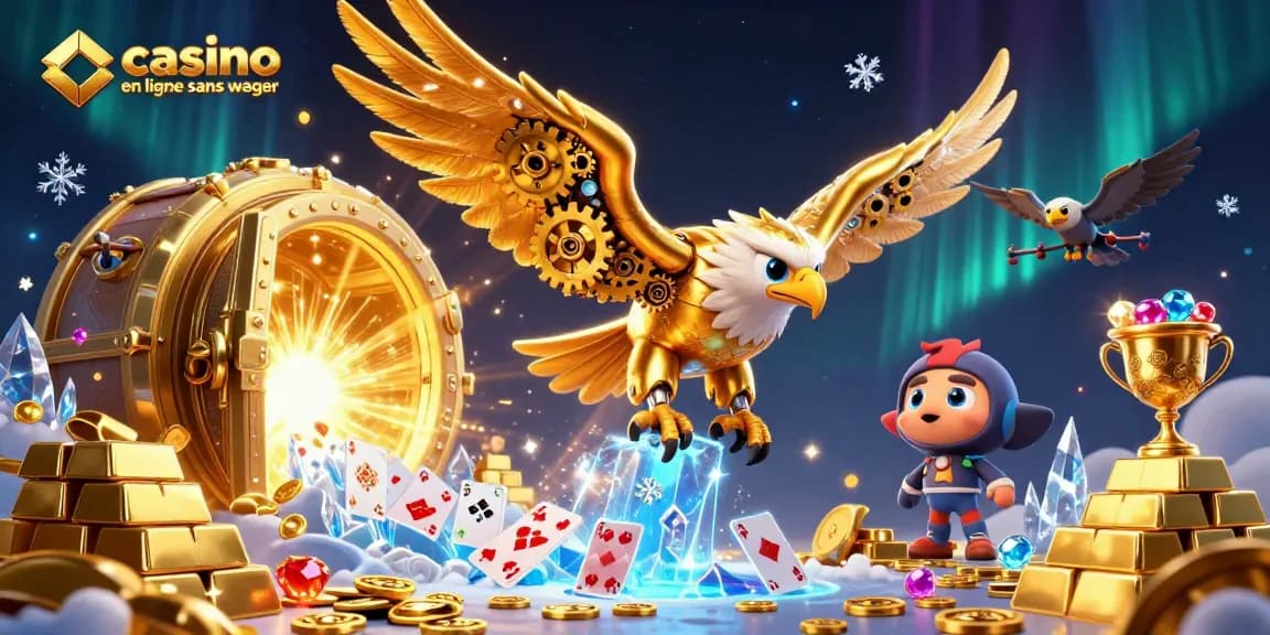 Plongez dans l'univers captivant du casino en ligne sans wager avec une illustration d'aigle cybernétique et des cartes.