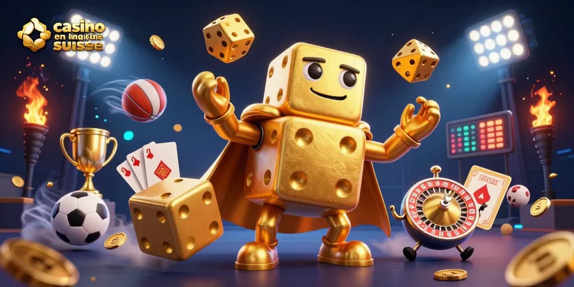 Illustration animée du casino en ligne suisse 2026 avec des personnages de dés dorés jonglant.