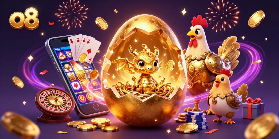 Join in the excitement with o8 as a golden egg reveals a crystal dragon amidst vibrant gaming elements.