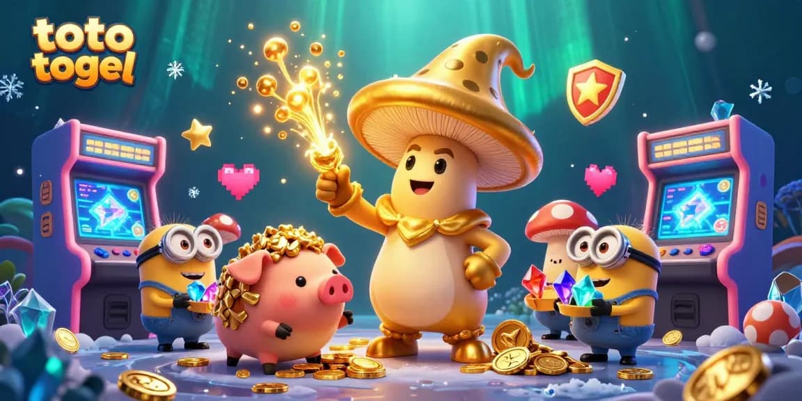 Engage with toto togel in a vibrant 3D scene depicting a magical golden mushroom wizard conjuring wealth.