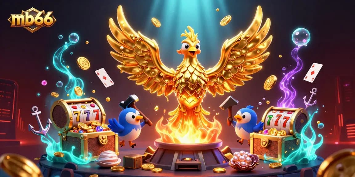 Experience thrilling wins with mb66, showcasing a golden phoenix amidst dynamic casino elements and riches.