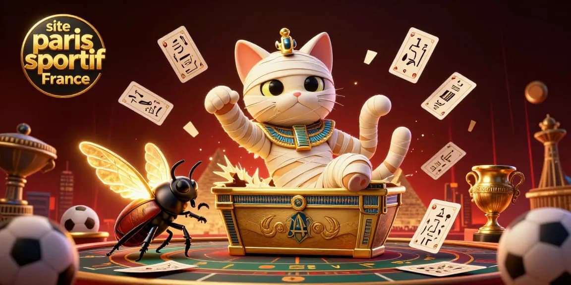 Pariez à un site de paris sportif France avec une illustration d'un chat momie égyptien dynamique et des éléments de pari sportif.